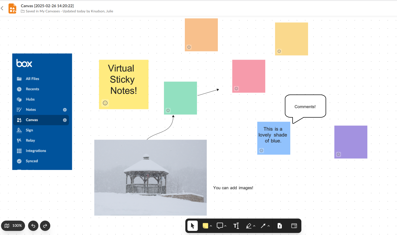 Picture of virtual sticky notes on the Box canvas