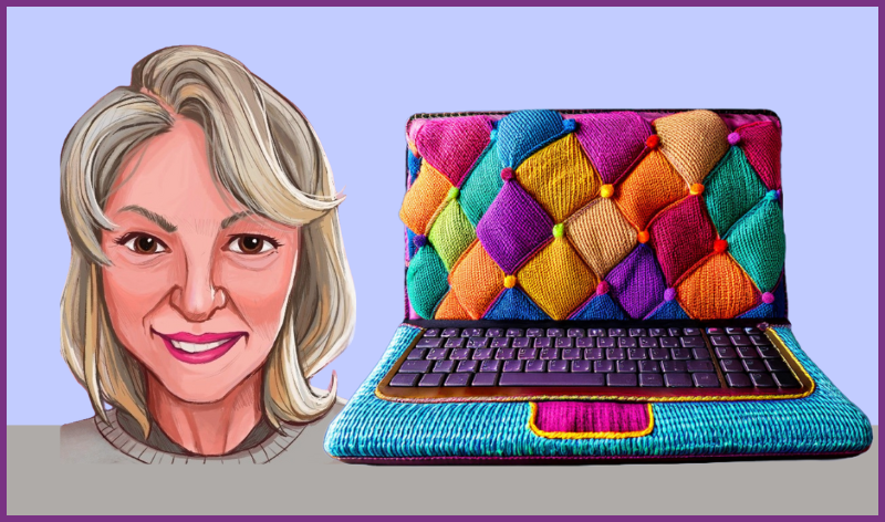 caricature of employee with a laptop covered in a quilted material