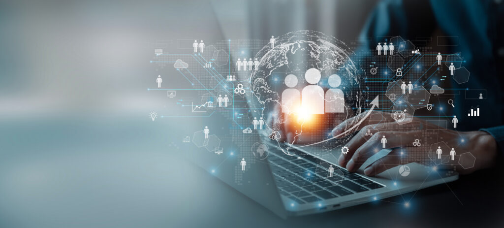 HR Human resources Recruitment Team Staff management Business concept. Relationship Management, with global structure Human Resources HR management recruitment employment headhunting concept.