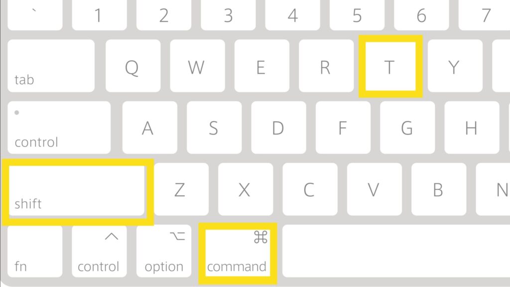 picture of mac keypad with t, shift and command highlighted in yellow