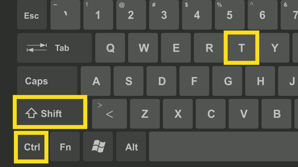 picture of windows keypad with t, shift and Ctrl highlighted in yellow